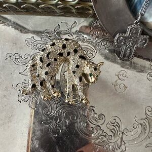 Large Gold Leopard Crystal Brooch with Black Spots and Green Eyes